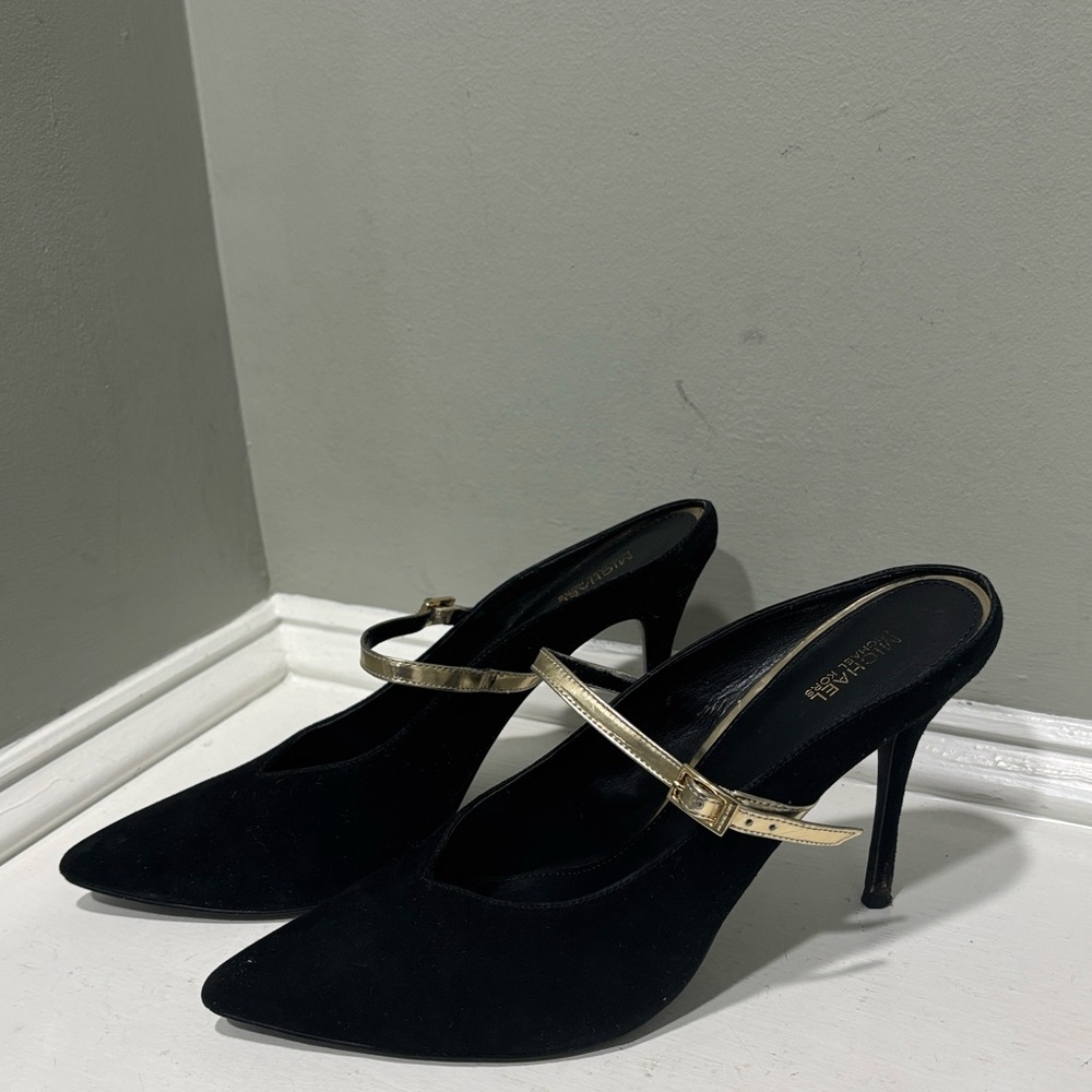 Michael Kors Black Suede Mule Heels with Gold Straps-size 11 - Picture 4 of 9
